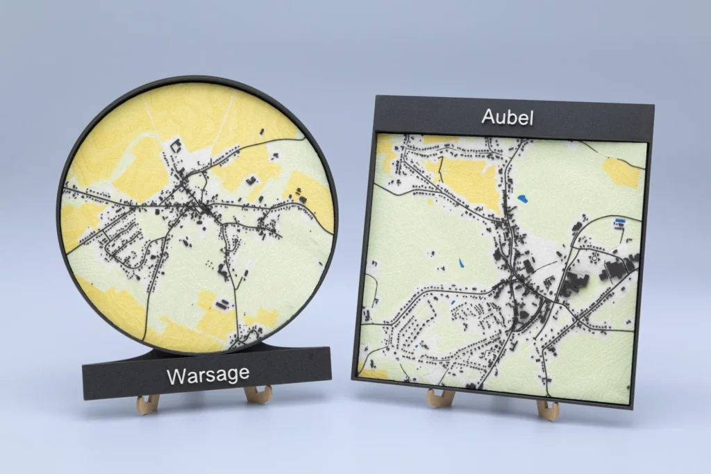 Cartes en relief imprimées en 3D des villages de Warsage et d’Aubel, en cadre rond et carré